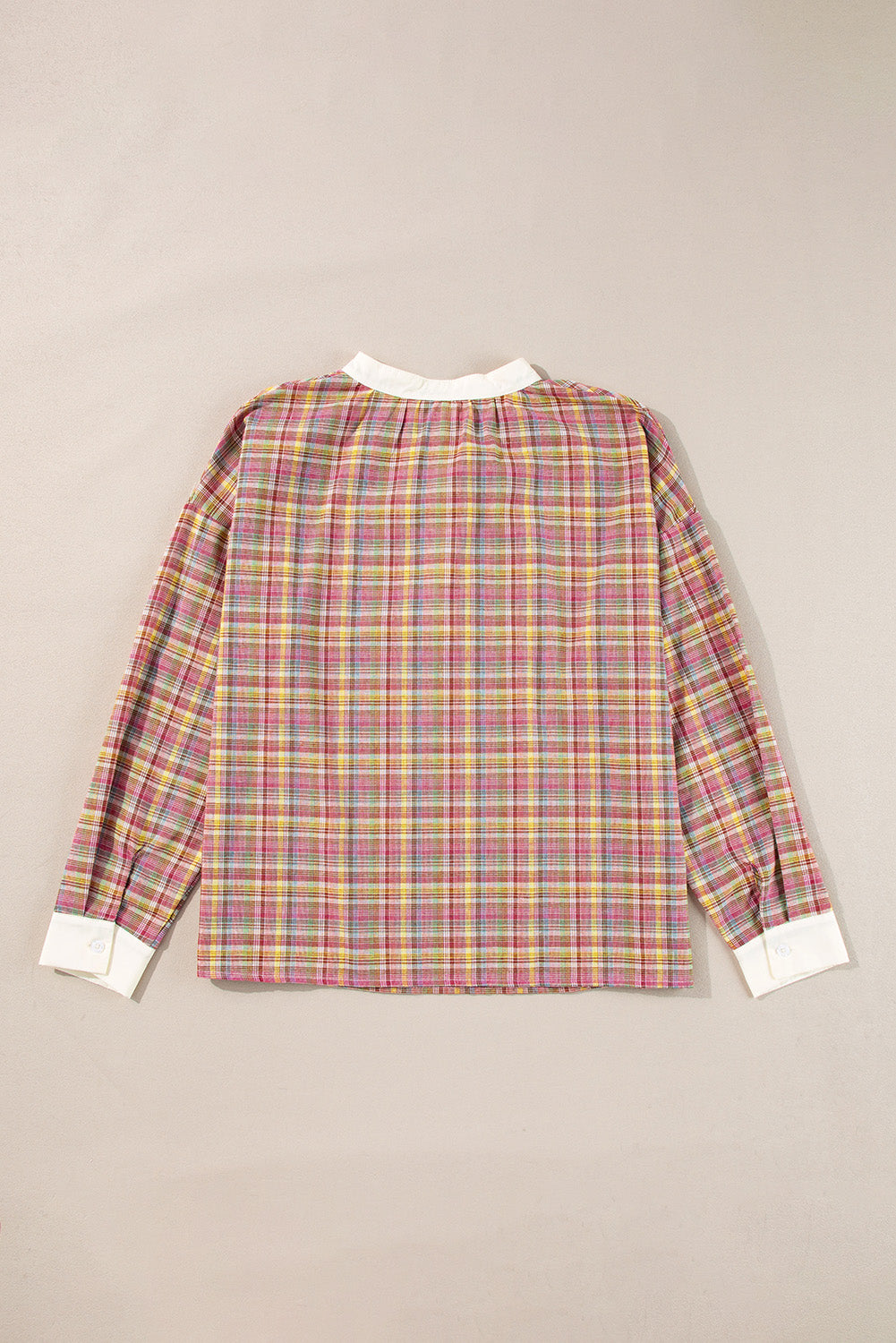 Colourblock Plaid Patchwork Henley Blouse | Pink