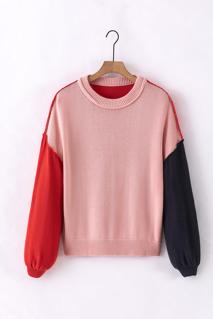 Colourblock Bishop Sleeve Ribbed Trim Sweater | Pink