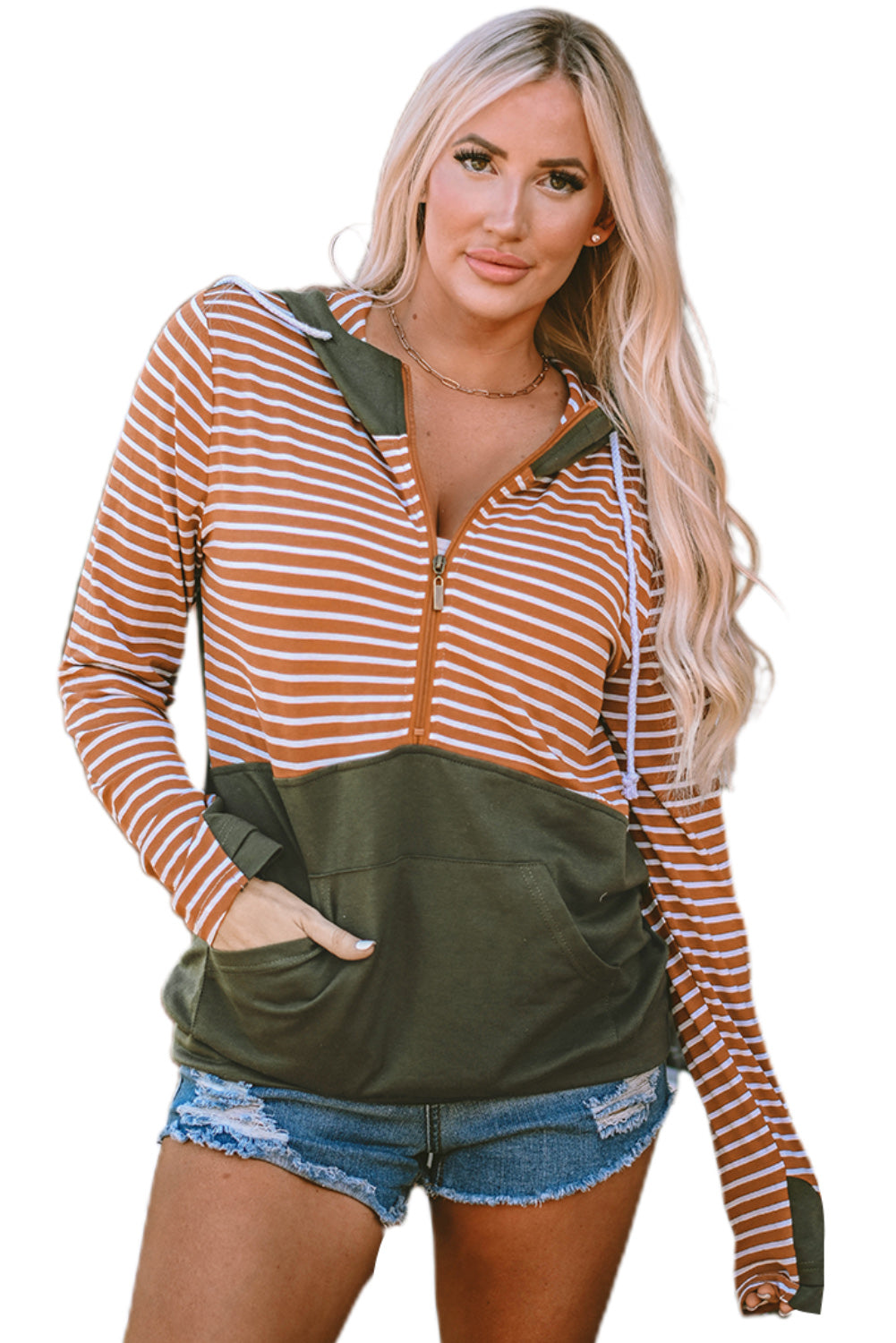 Striped Colour Block Patchwork Thumbhole Sleeve Hoodie | Orange