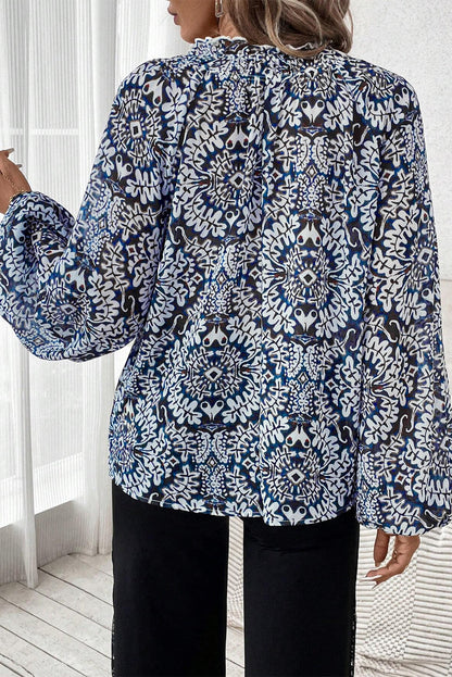 Tribal Print Lace-Up Frilled Neck Puff Sleeve Blouse | Blue