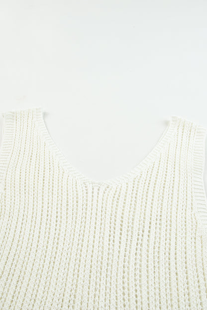 Hollowed Knit V Neck Tank Top | White