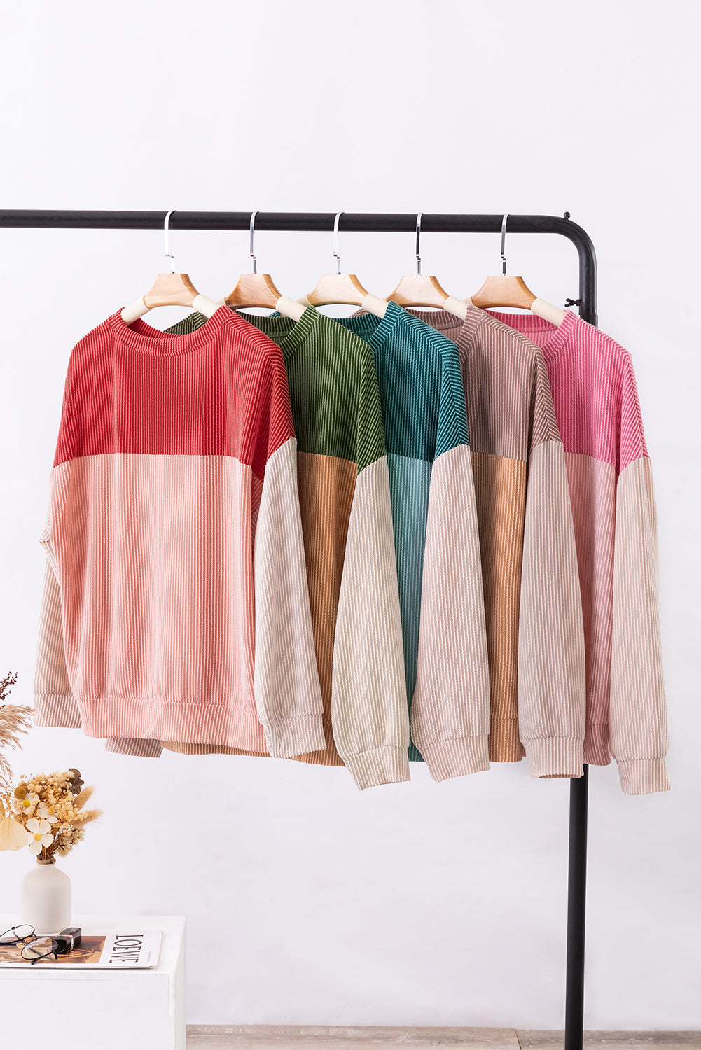 Colour Block Long Sleeve Ribbed Loose Top | Green