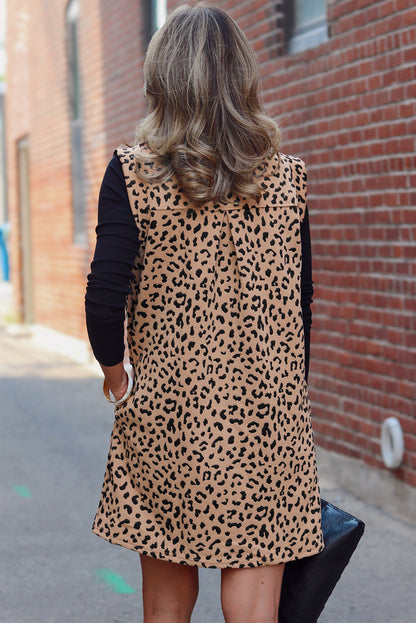 Leopard Print V Neck Sleeveless Collared Mini Dress | Khaki