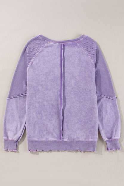 Solid Waffle Knit Patchwork Raglan Sleeve Sweatshirt | Orchid Petal