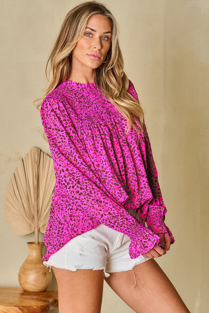 Leopard Shirred Puff Sleeve Flowy Blouse | Rose