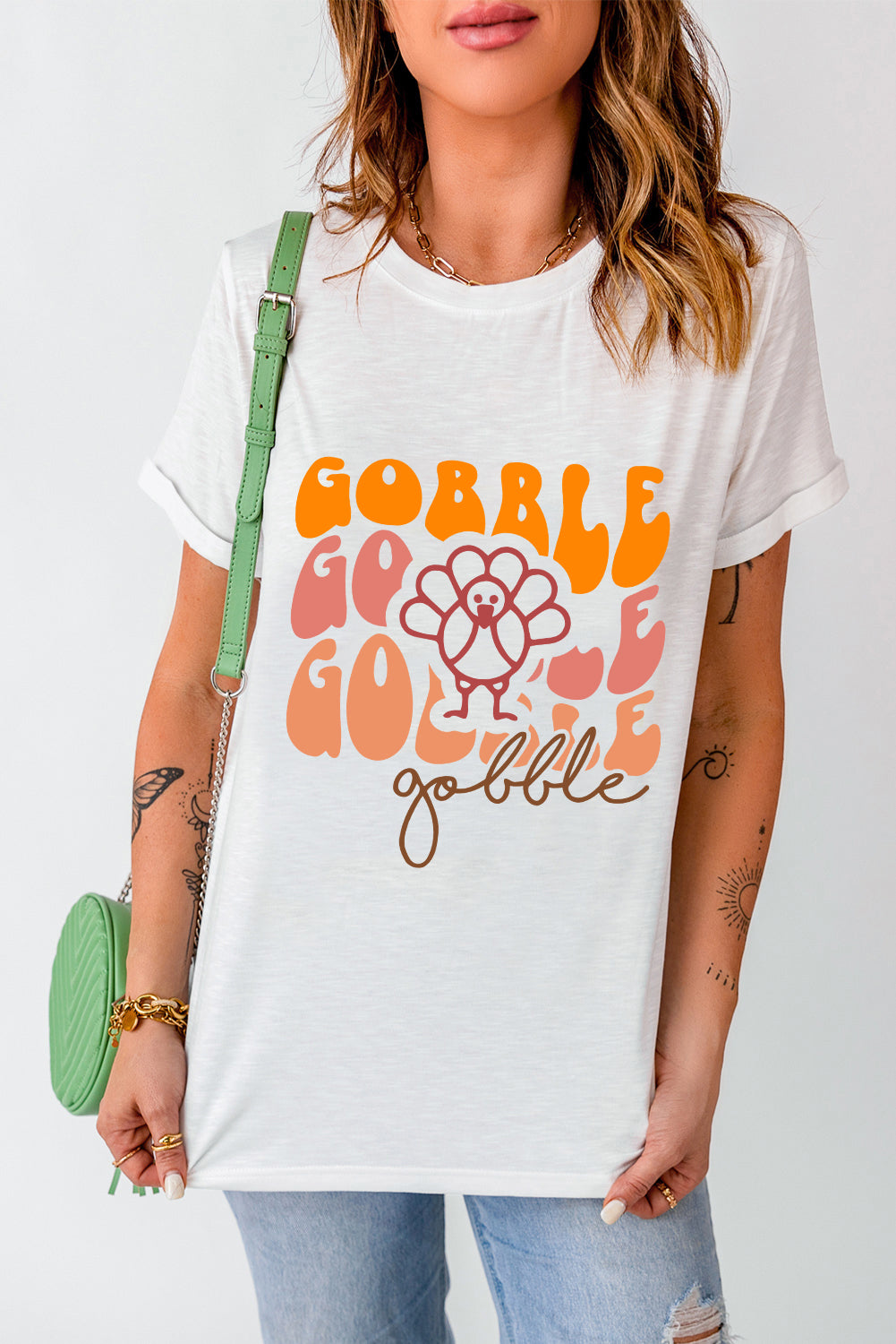 Gobble Thanksgiving Turkey Graphic Cotton Blend T Shirt | White