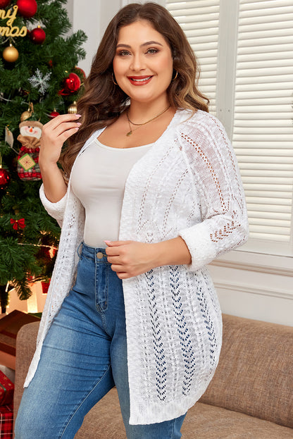 Plus Size Eyelet Knit Open Front Cardigan | White