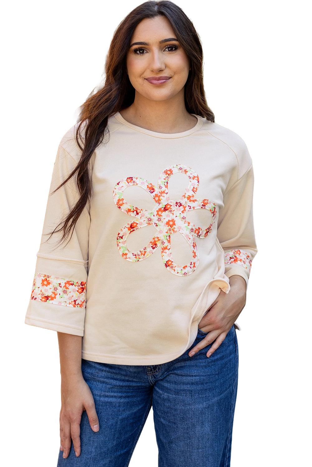 Flower Patch Graphic Exposed Seam Wide Sleeve Top | Beige