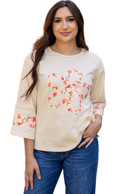 Flower Patch Graphic Exposed Seam Wide Sleeve Top | Beige