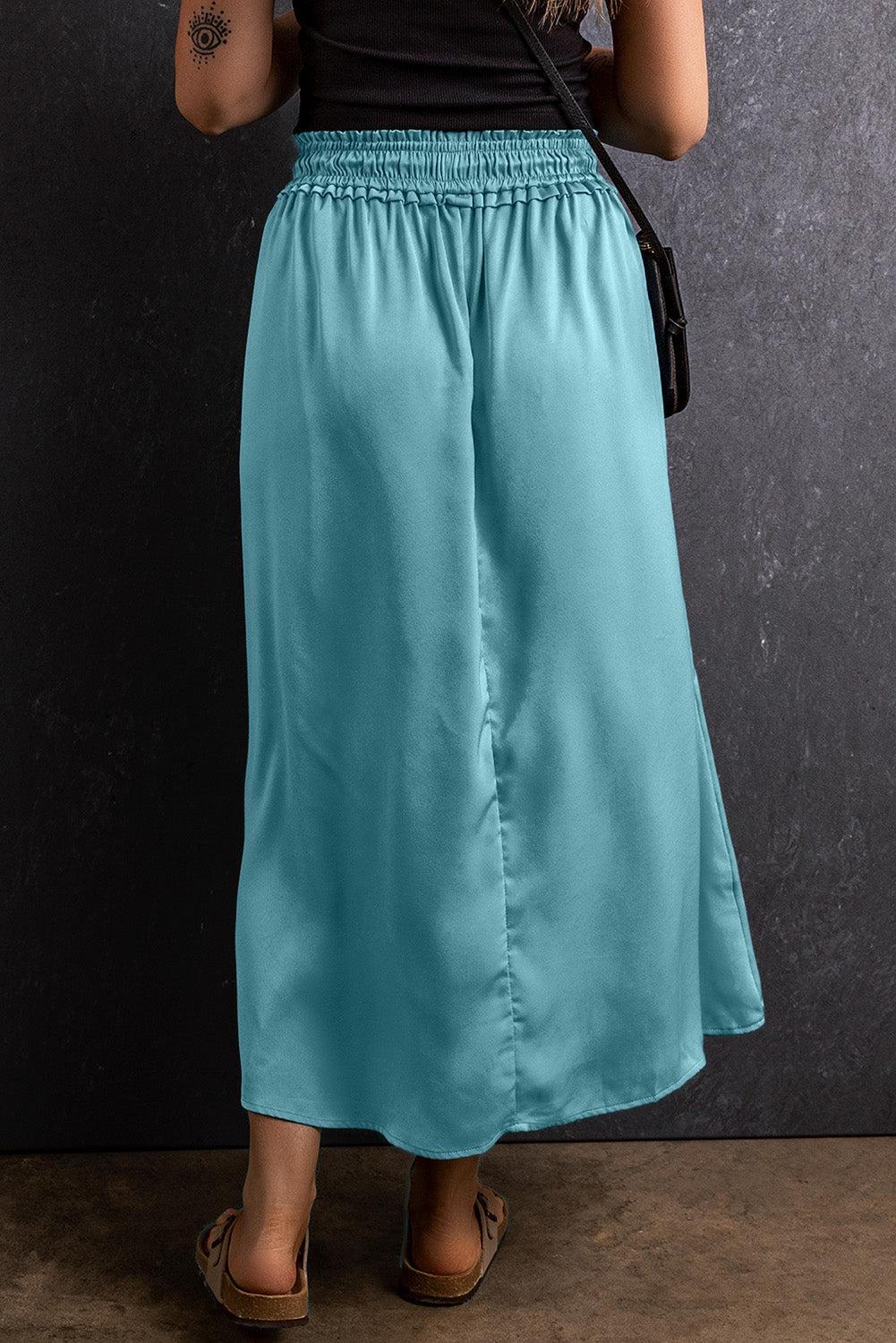 Drawstring Split Side Flowy Long Skirt | Peacock Blue