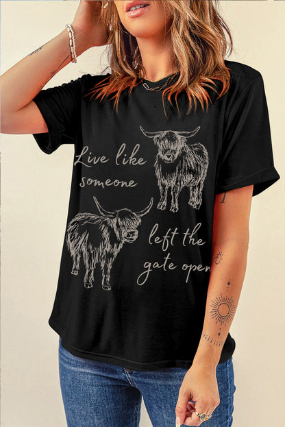 Western Cow Print Round Neck Casual Tee | Black