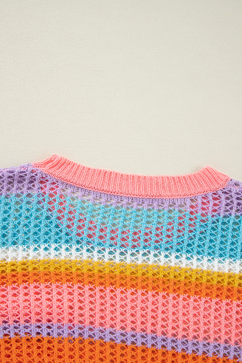 Colourblock Hollowed Crochet 3/4 Sleeve Sweater | Pink Stripe