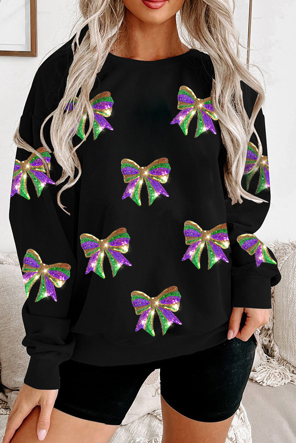 Black Sequin Mardi Gras Bow Graphic Drop Shoulder Pullover Sweatshirt