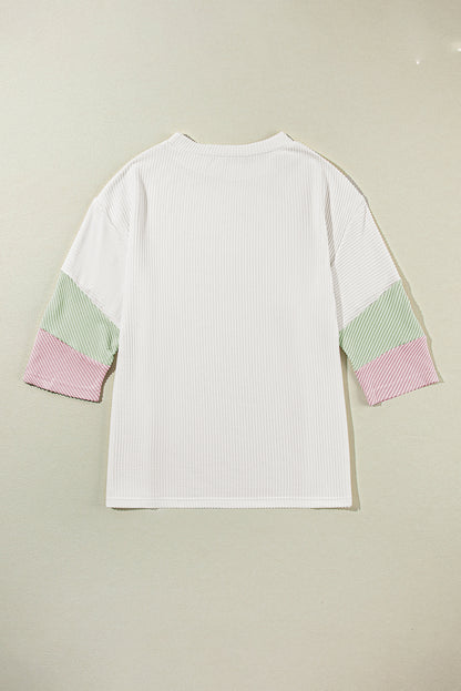 Colour Block Ribbed Knit Quarter Sleeve Top | White