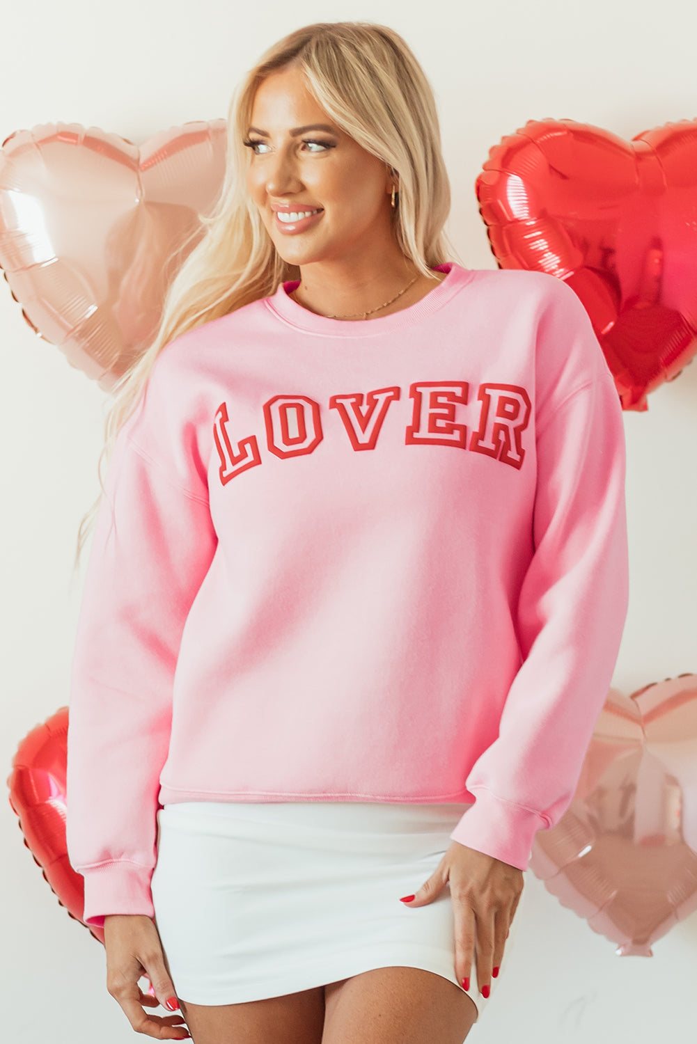 Lover Puff Print Drop Shoulder Pullover Sweatshirt | Pink