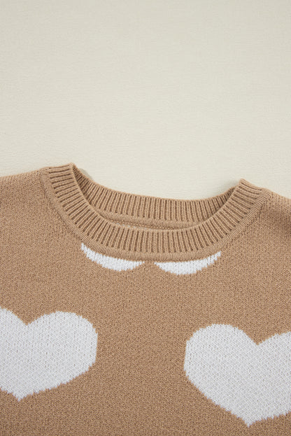 Contrast Heart Pattern Round Neck Sweater | Khaki