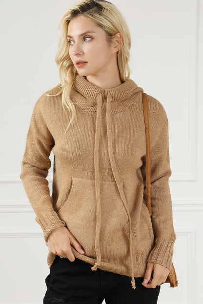 Cowl Neck Drawstring Pullover Hooded Sweater | Brown