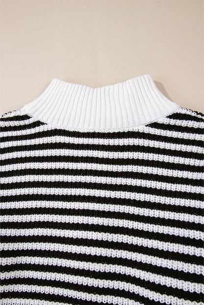 Zip Up Collar Drop Shoulder Sweater | Black Stripe