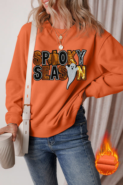 Sequin Spooky Season Ghost Pattern Halloween Pullover Sweatshirt | Russet Orange