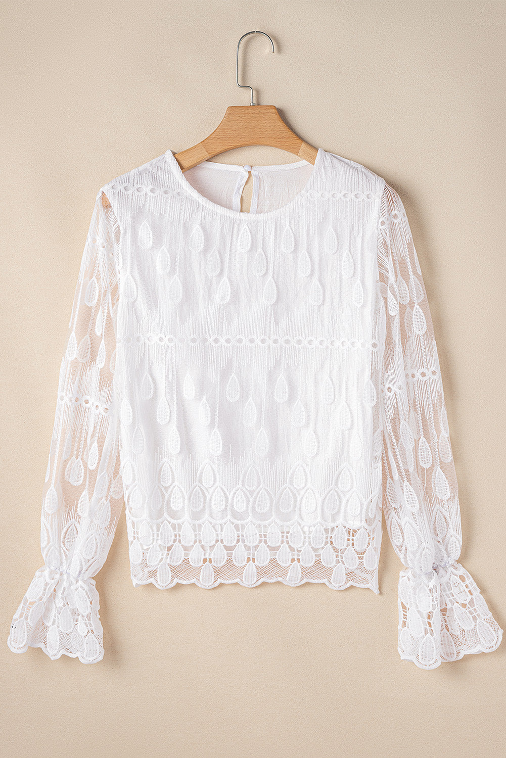 Embroidered Mesh Flounce Sleeve Blouse | Beige