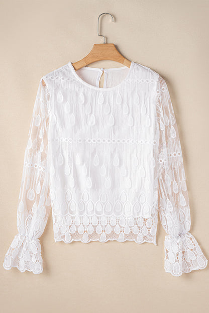 Embroidered Mesh Flounce Sleeve Blouse | Beige