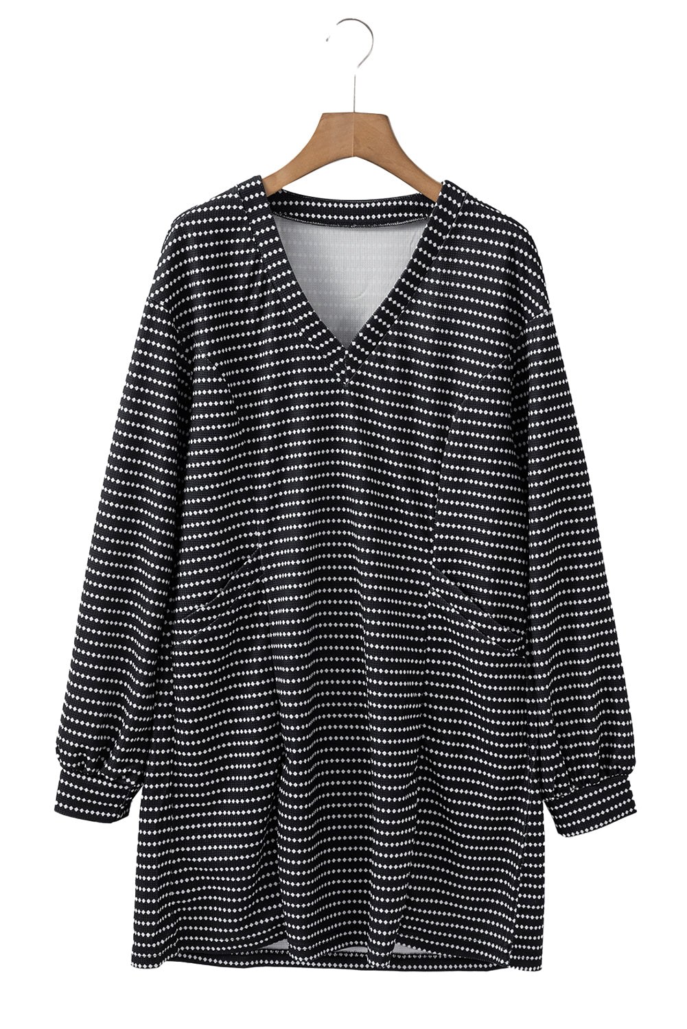 Striped V Neck Long Puff Sleeve Shift Dress | Black