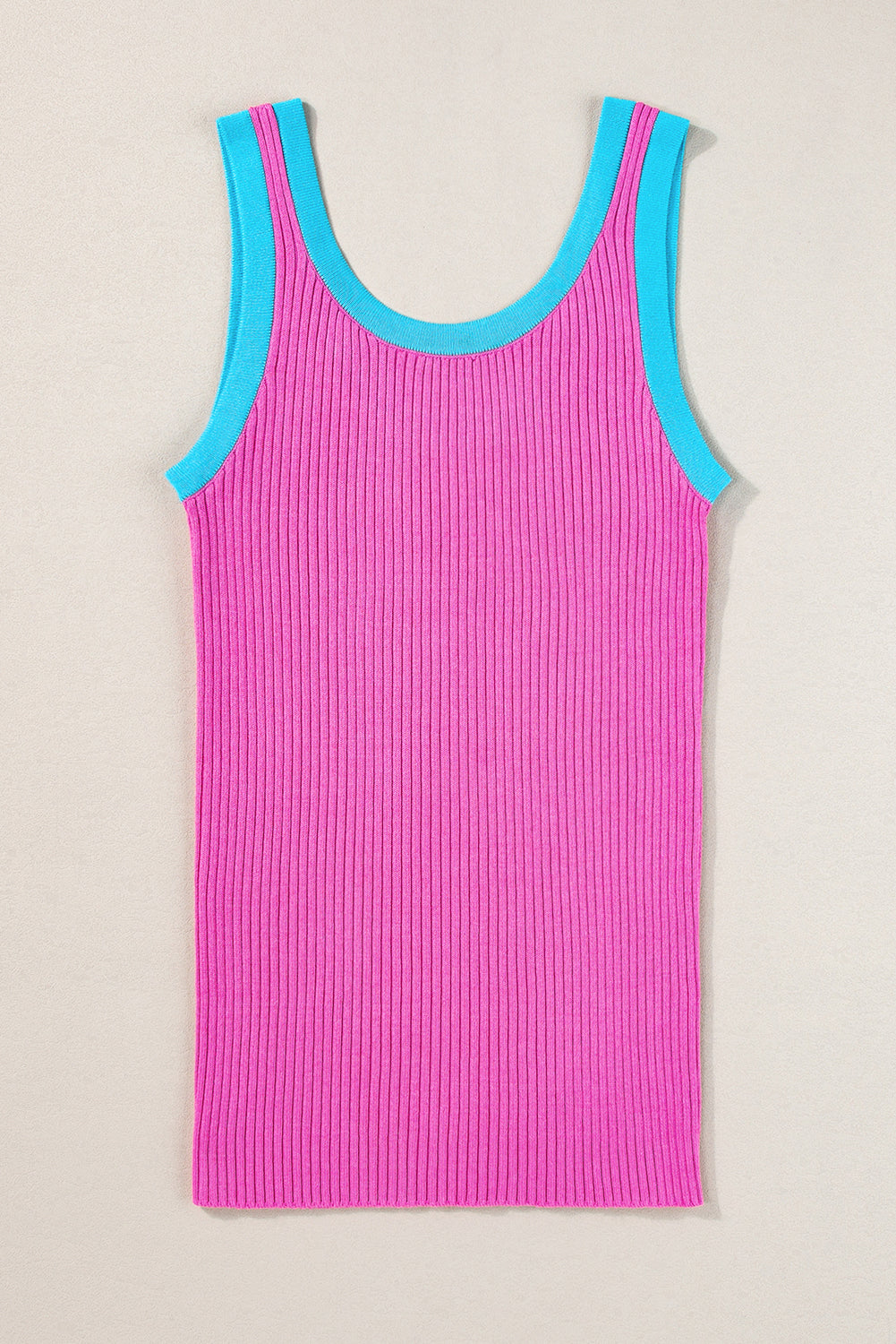 Colourblock Edge Ribbed Knit U Neck Tank Top | Bright Pink