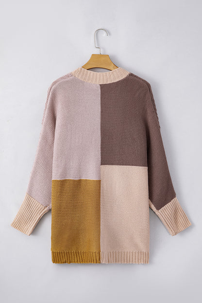 Colour Block Loose Open Front Knitted Cardigan | Brown