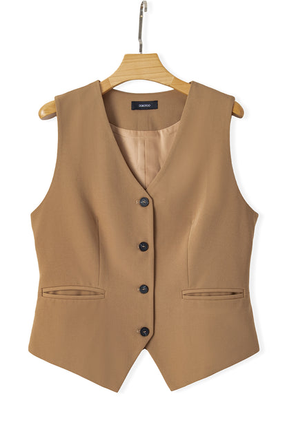 Solid Colour Button Up V Neck Suit Vest | Chestnut