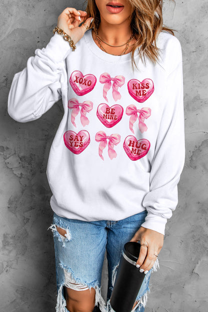 Valentine Candy Heart & Bow Graphic Sweatshirt | White