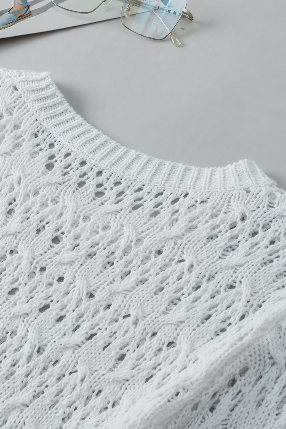 Hollow-Out Textured Half Sleeve Sweater | White