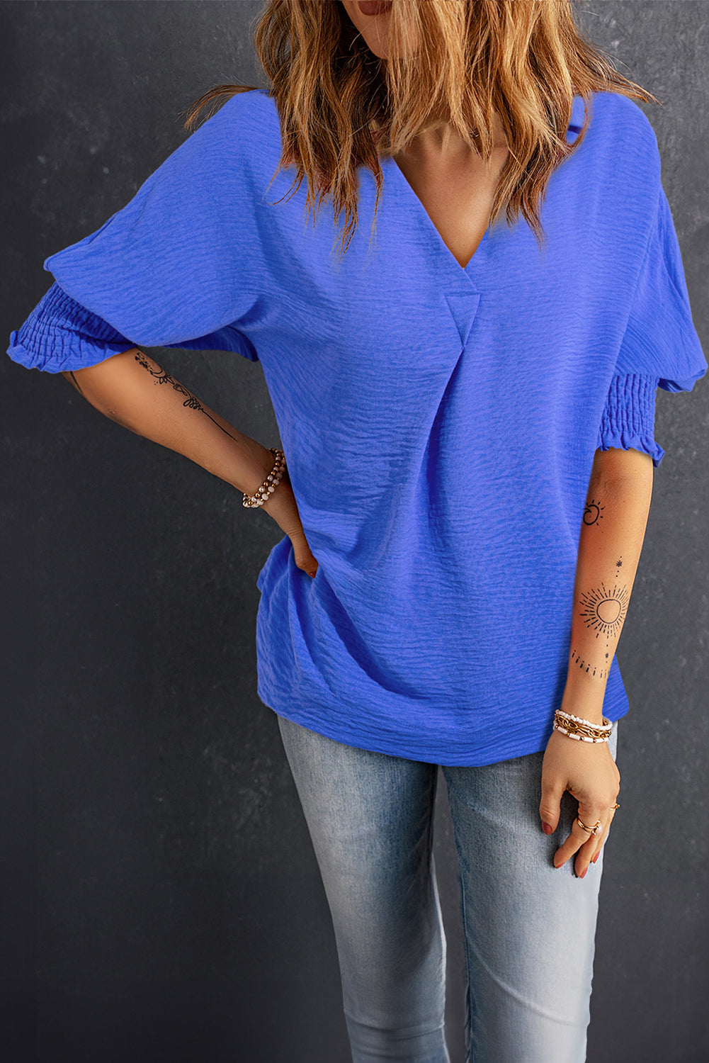 Boxy Collared Smocked Sleeve Cuffs Blouse | Dark Blue