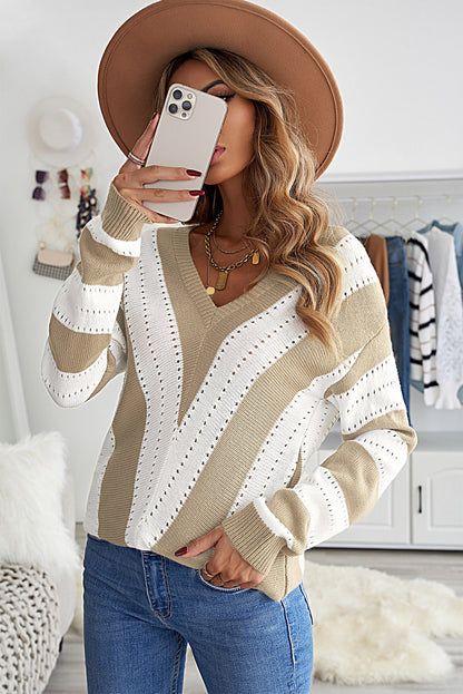 Striped Colourblock V Neck Knitted Sweater | Khaki