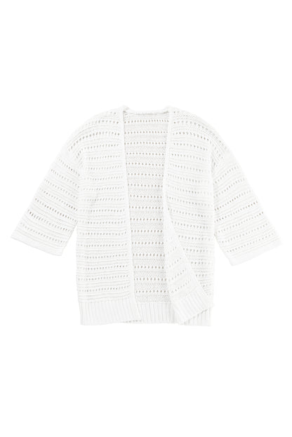 Pointelle Knit Bracelet Sleeve Open Cardigan | White