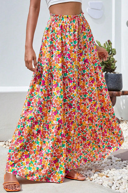 Boho Floral Print Tiered Long Skirt | Yellow