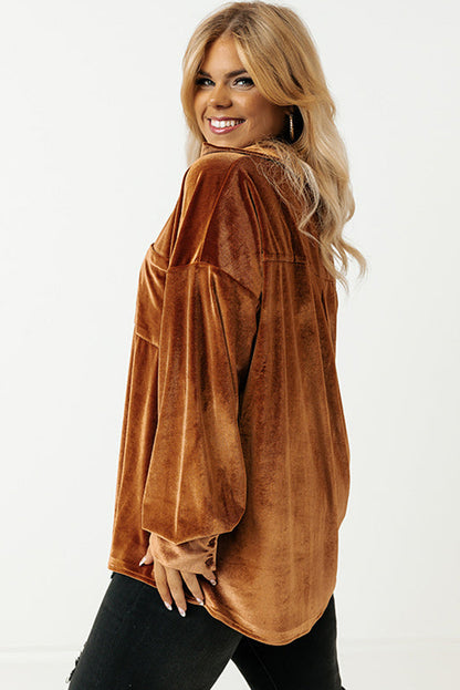 Plus Size Velvet Chest Pocket Drop Shoulder Shirt | Chestnut