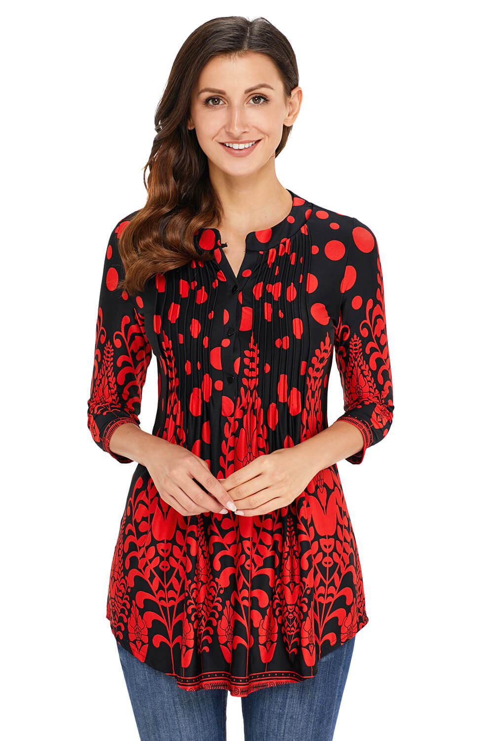 Fiery  Floral Notch Neck Pin-Tuck Tunic | Red