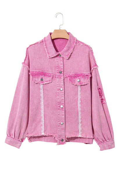 Lace Patchwork Distressed Buttoned Denim Jacket | Pink