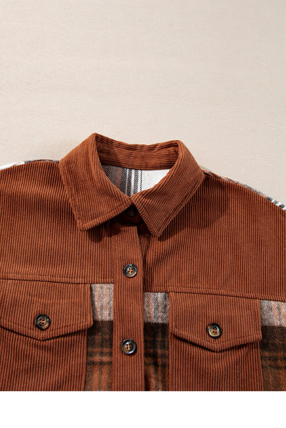 Plaid Corduroy Patchwork Chest Pocket Shacket | Cinnamon