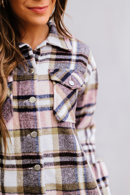 Geometric Plaid Print Pocketed Shacket | Pink