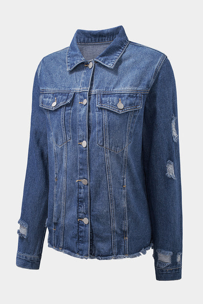 Lapel Distressed Raw Hem Buttons Denim Jacket | Blue