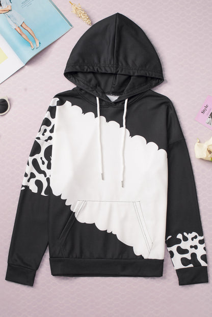 Cow Tie Dye Print Pocketed Drawstring Pullover Hoodie | Black