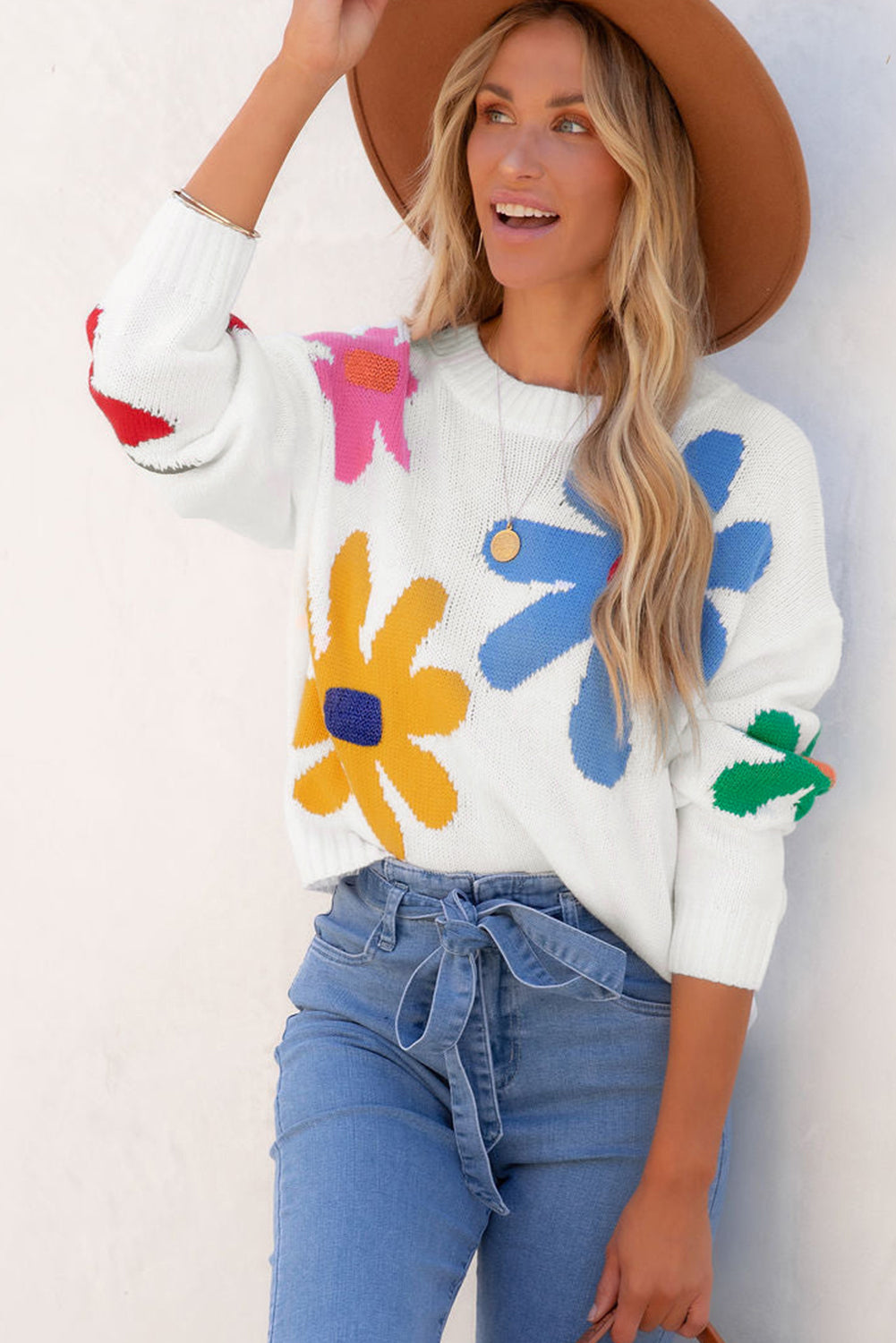 Colourful Big Flower Pattern Crewneck Sweater | White