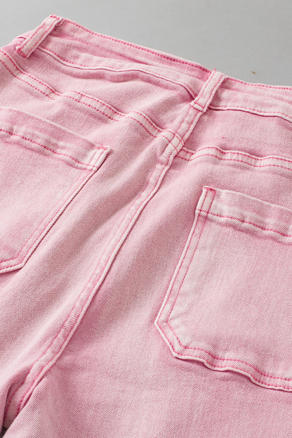 Multi Buttons Raw Edge Crop Jeans | Apricot Pink