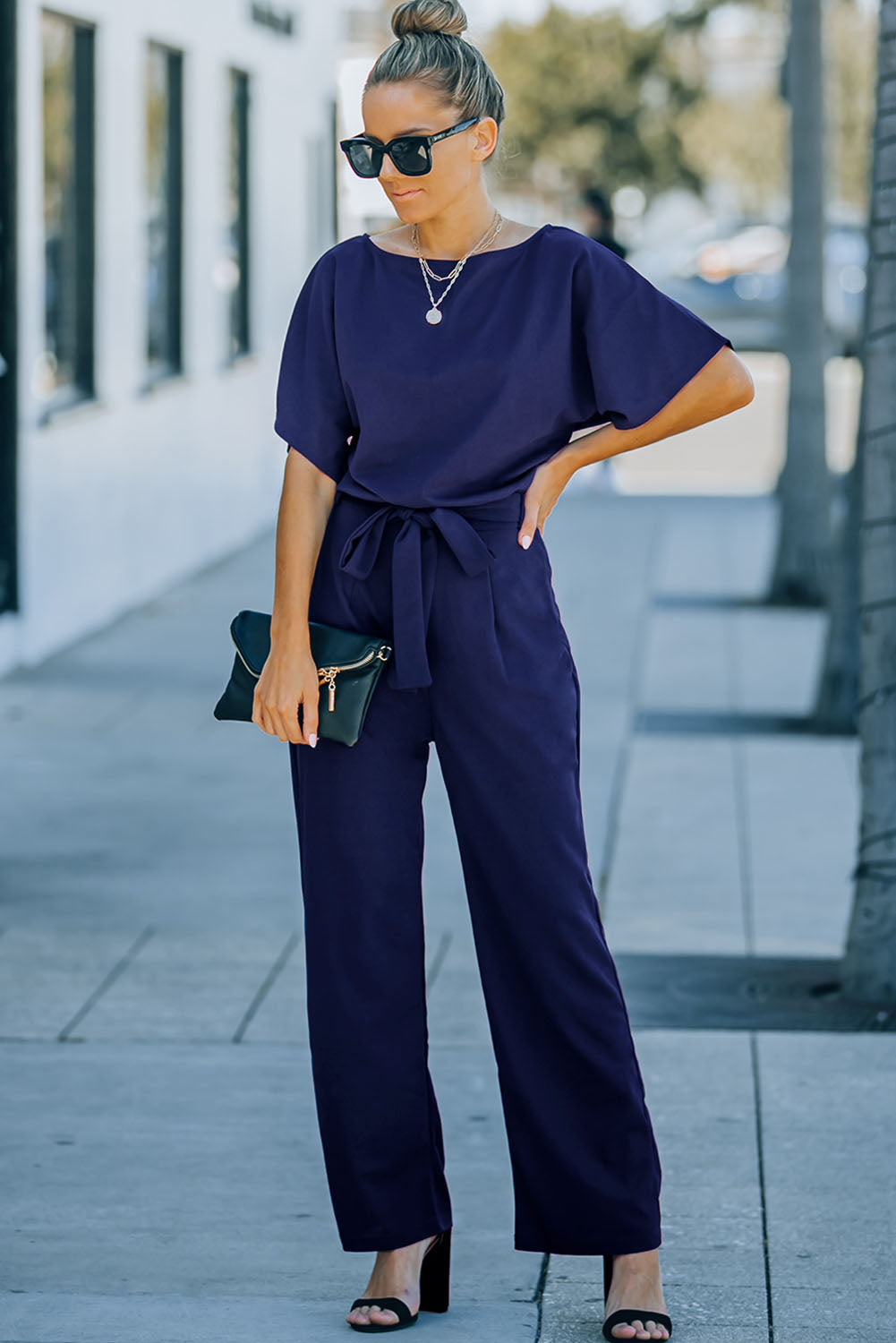 Belted Wide Leg Jumpsuit | Blue