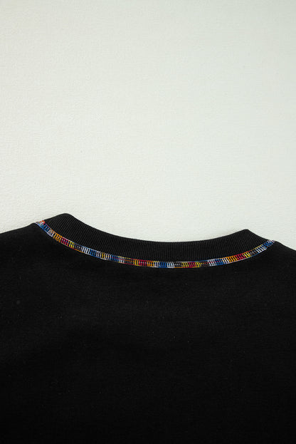 Contrast Rainbow Trim Drop Shoulder Pullover Sweatshirt | Black