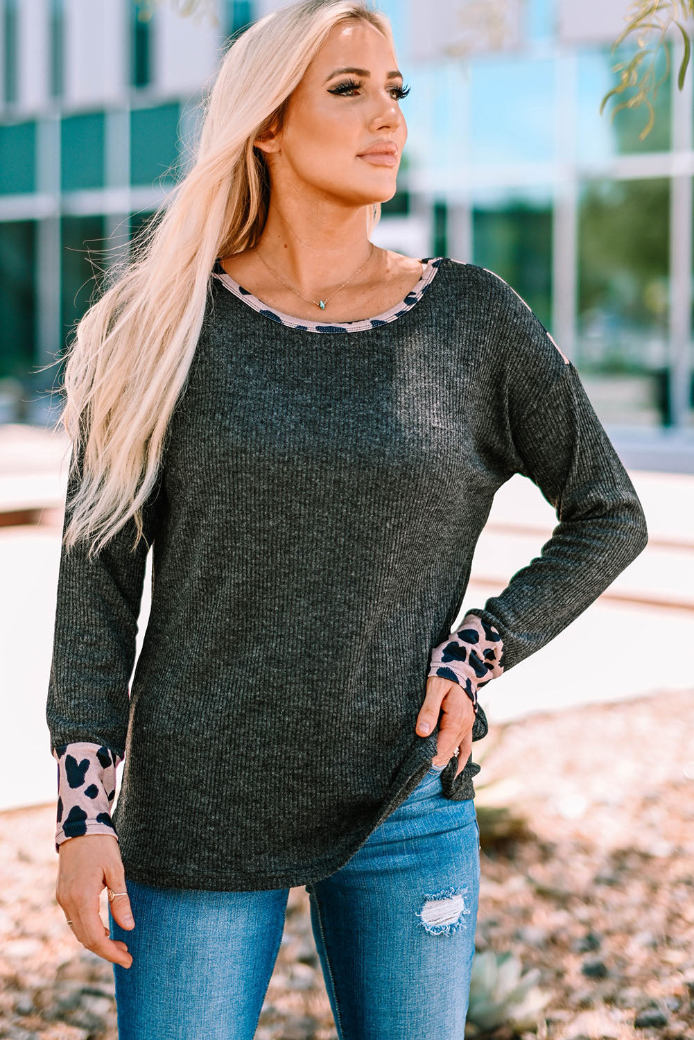 Leopard Contrast Trim Knit Top | Black