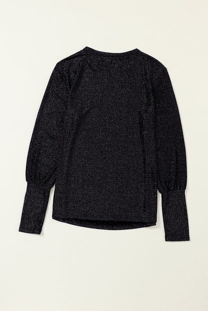 Glitter Round Neck Long Sleeve Top | Black