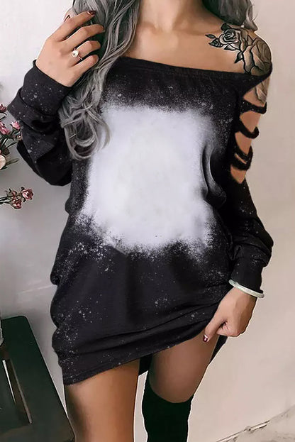 Black Bleached Elastic Neckline Ripped Sleeve Mini Dress