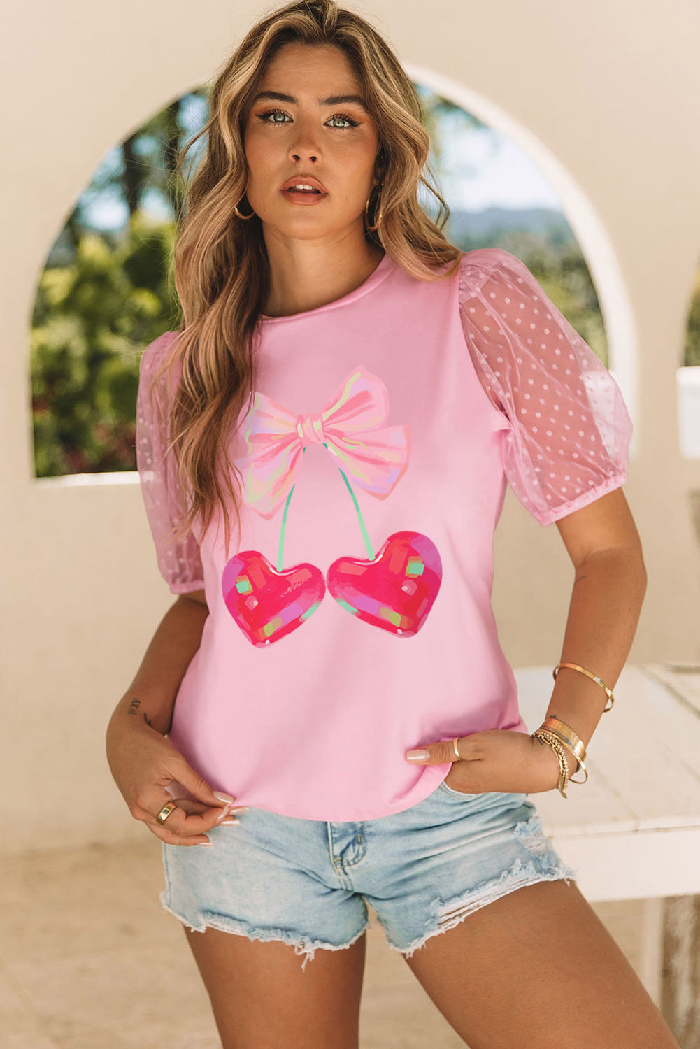 Bow Heart Shape Cherry Print Dotted Mesh Sleeve T Shirt | Pink